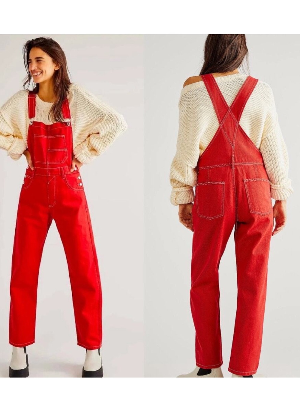 Free People Red Denim Overalls - Straight Leg